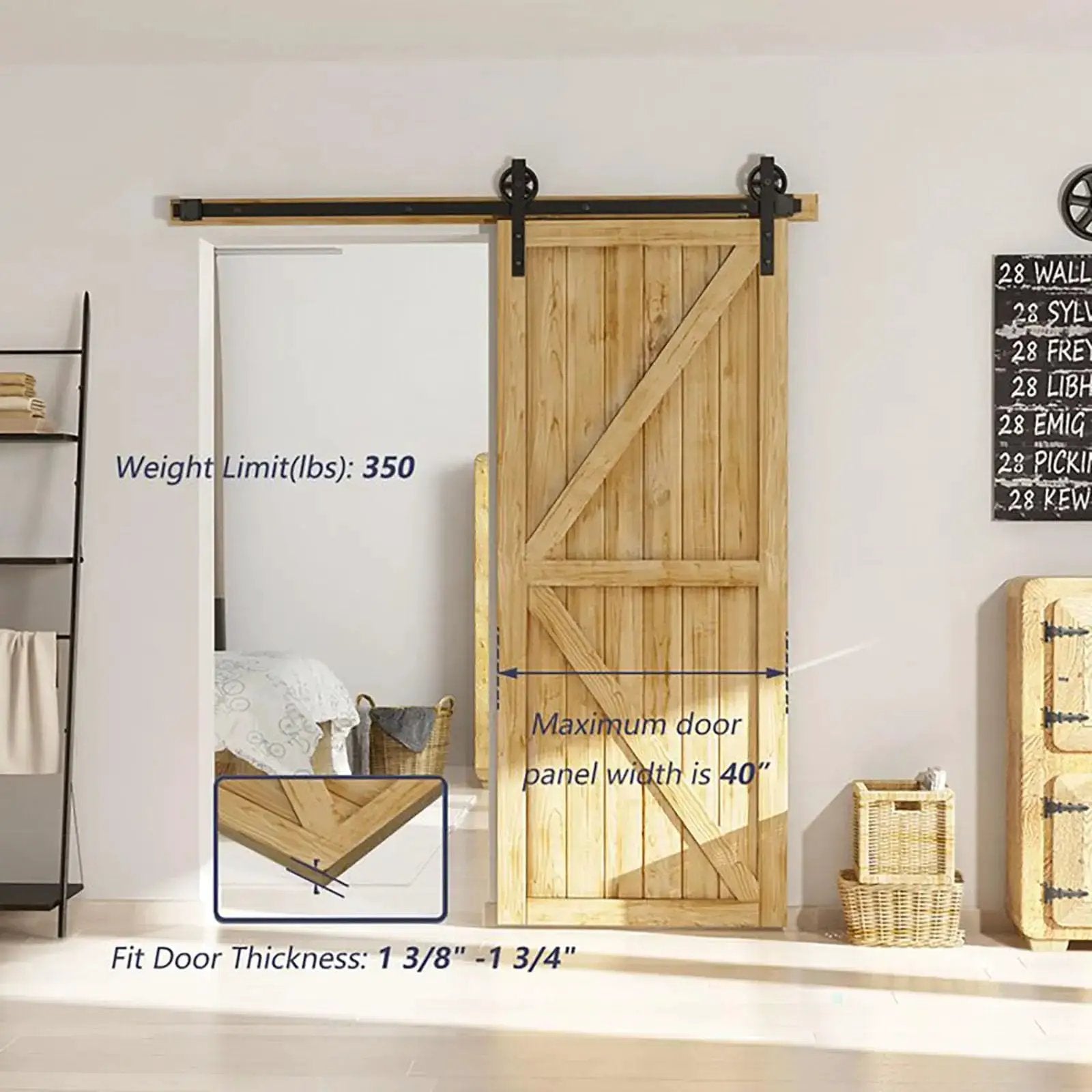 HAUSVITA Big Spoke Wheel sliding barn door hardware kit with black hardware on light wood track