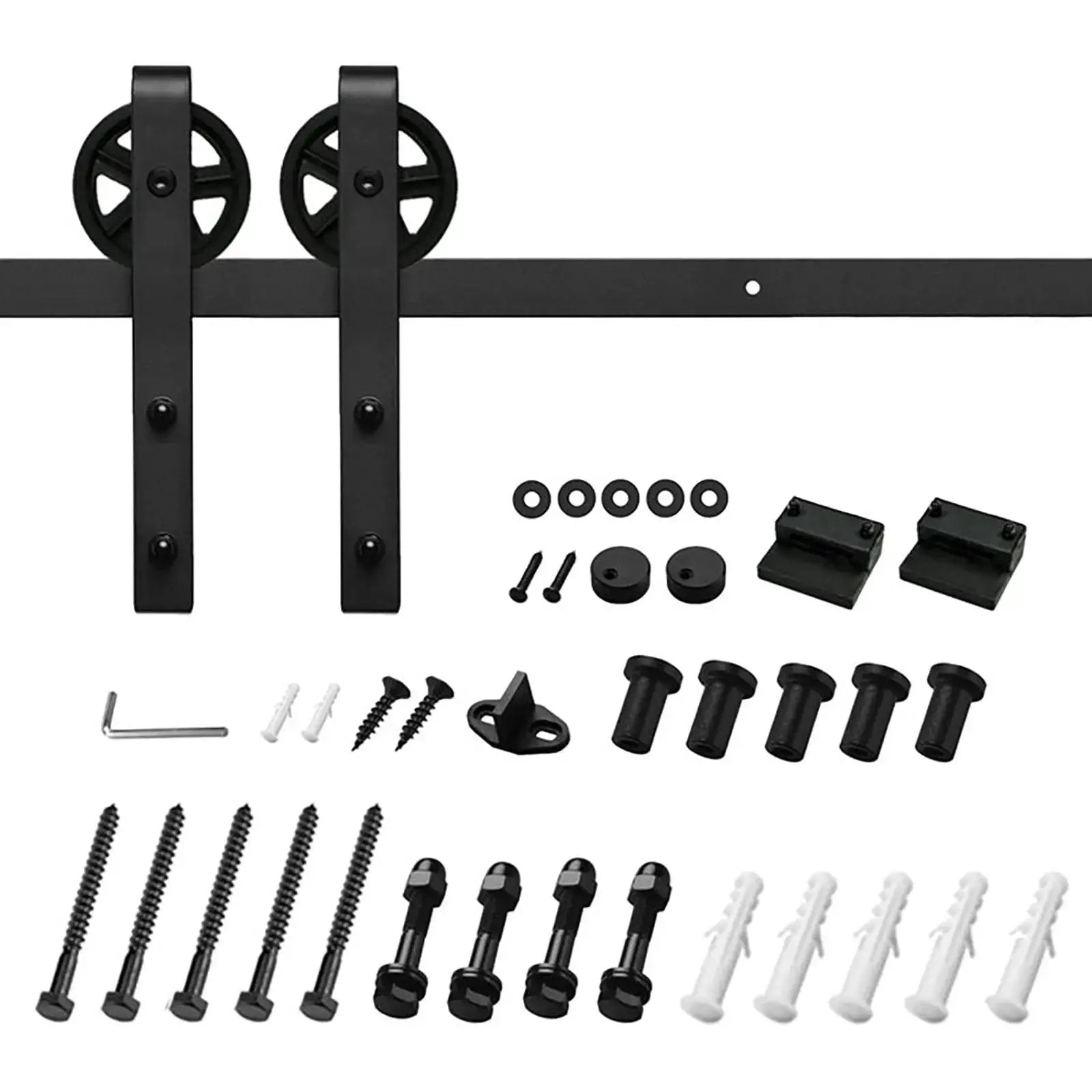 HAUSVITA Big Spoke Wheel Sliding Barn Door Hardware Kit in black, heavy-duty with track, wheels and mounting hardware