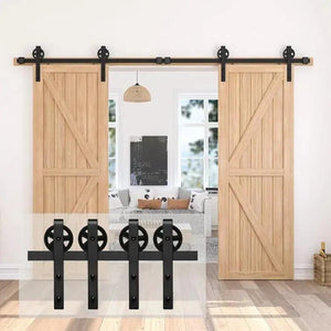 HAUSVITA Big Spoke Wheel sliding barn door hardware kit for two wooden doors, black track and wheels