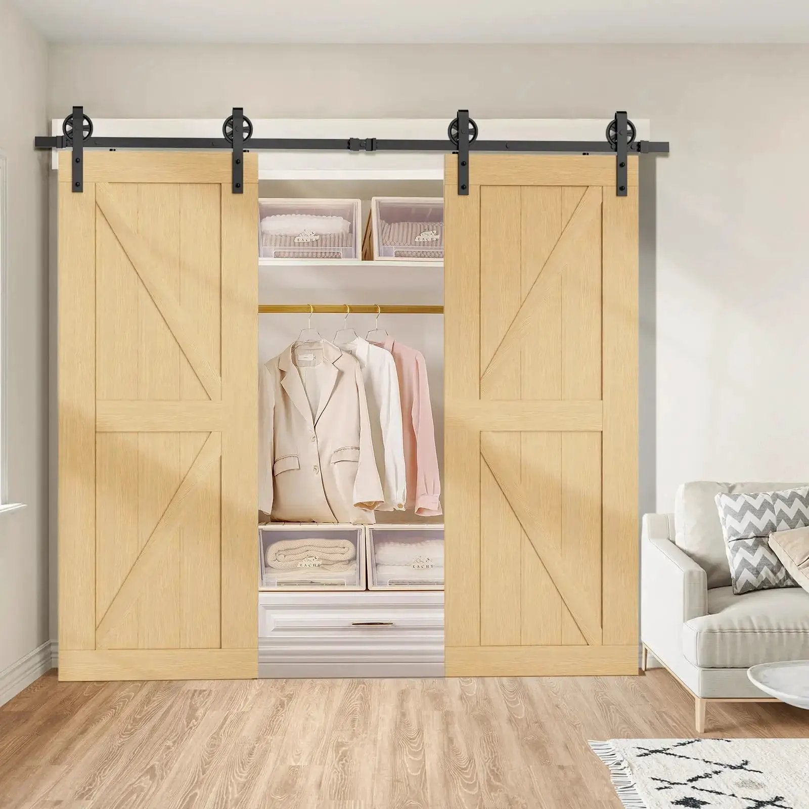 Big Spoke Wheel sliding barn door hardware kit by HAUSVITA with black track for double doors
