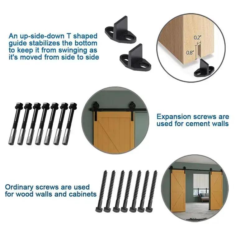 HAUSVITA Big Spoke Wheel Sliding Barn Door Hardware Kit (No Door) in black metal with screws and wall anchors