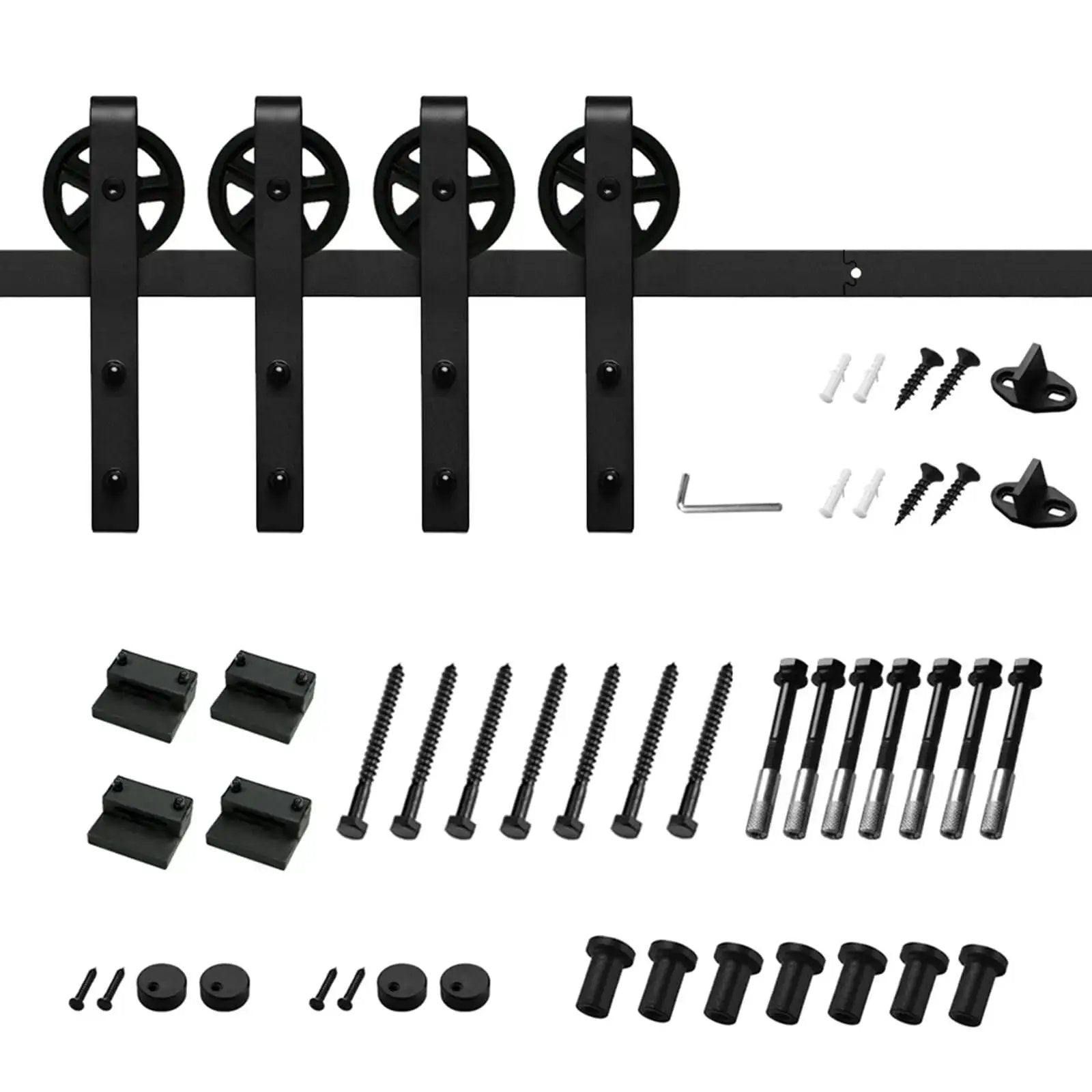 HAUSVITA Big Spoke Wheel Sliding Barn Door Hardware Kit (No Door), black heavy-duty rail with 4 wheel hangers