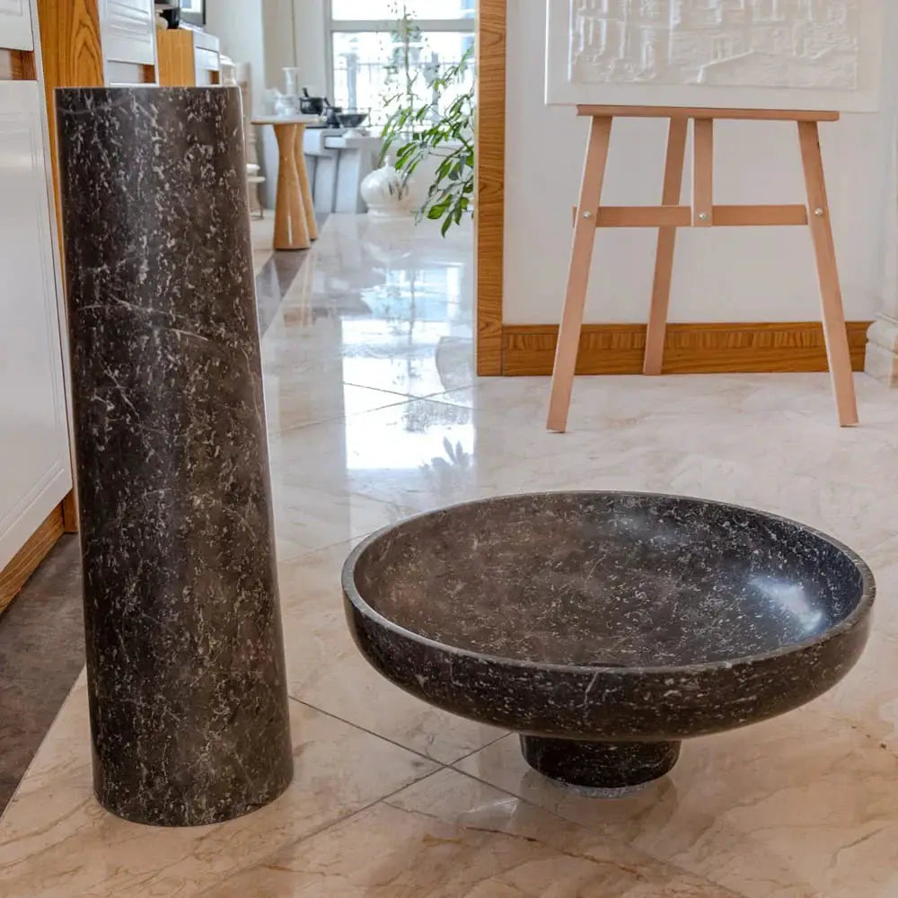 Natural Stone Black Marble pedestal sink by Villohome; two-piece stand-alone with round basin