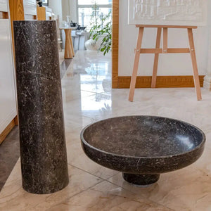 Natural Stone Black Marble pedestal sink by Villohome; two-piece stand-alone with round basin