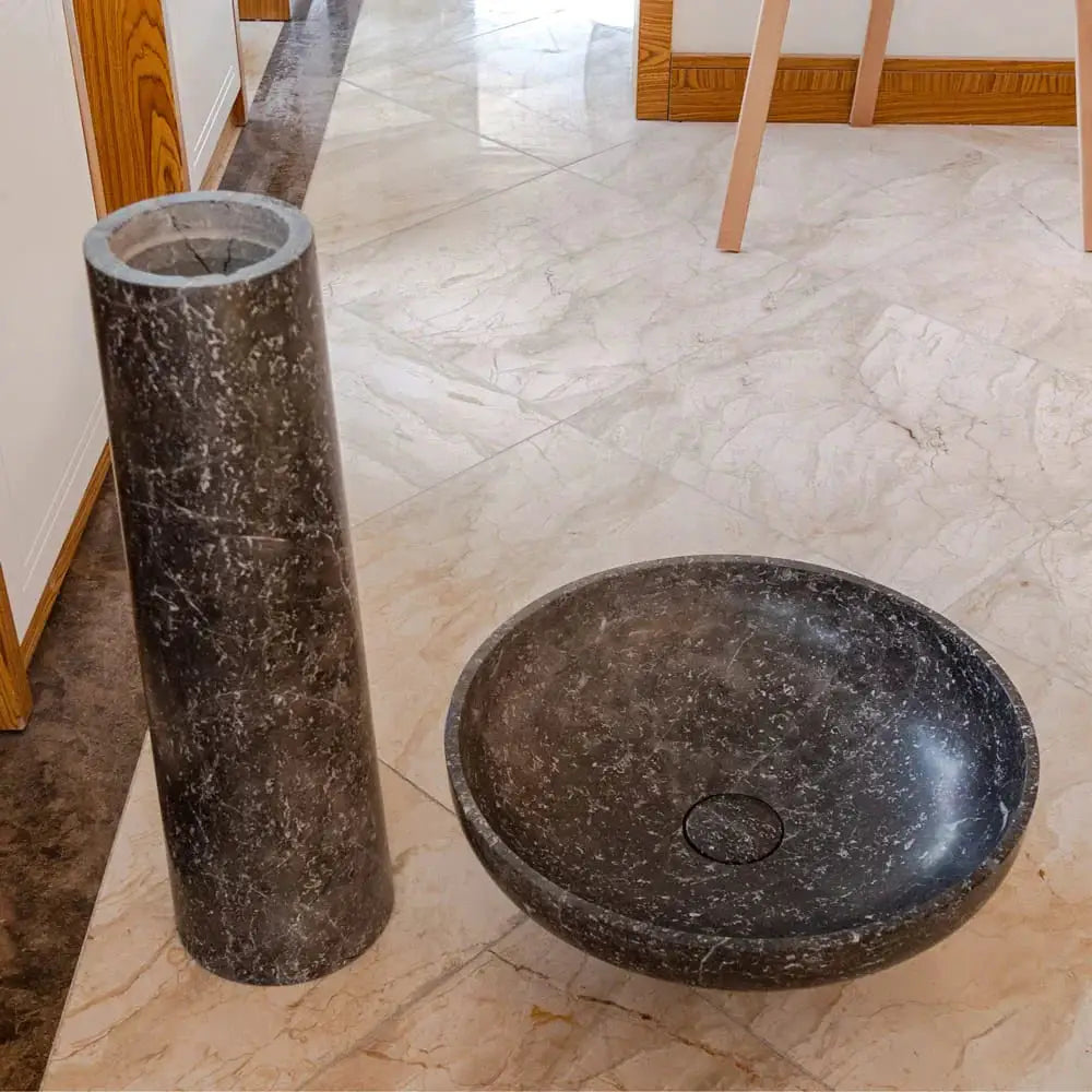 Villohome polished black marble pedestal sink; 2-piece set with cylindrical pedestal and round basin