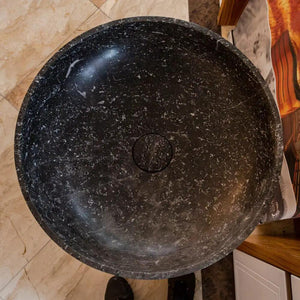 Natural Stone Black Marble round pedestal sink, Villohome, polished finish, 20 in diameter, 33.5 in height