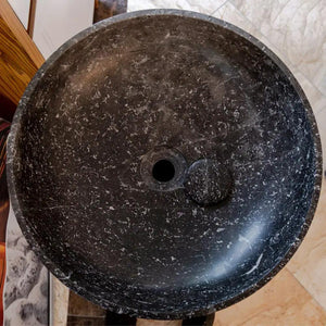 Villohome natural stone black marble stand-alone pedestal sink with polished round basin