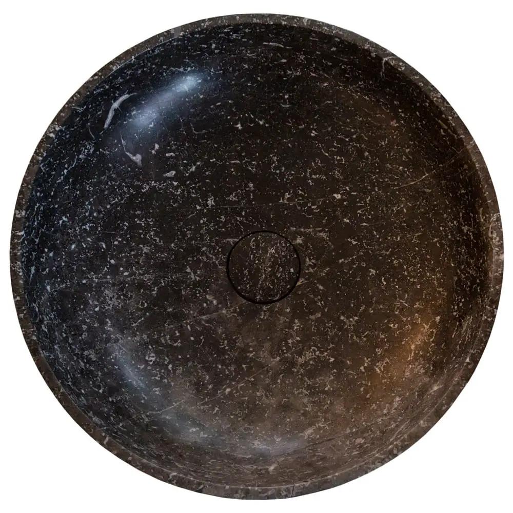 Villohome natural stone black marble stand-alone pedestal sink, round polished basin