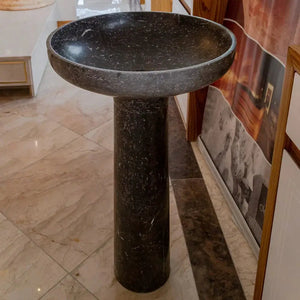 Natural Stone Black Marble pedestal sink by Villohome with polished round basin on cylindrical pedestal