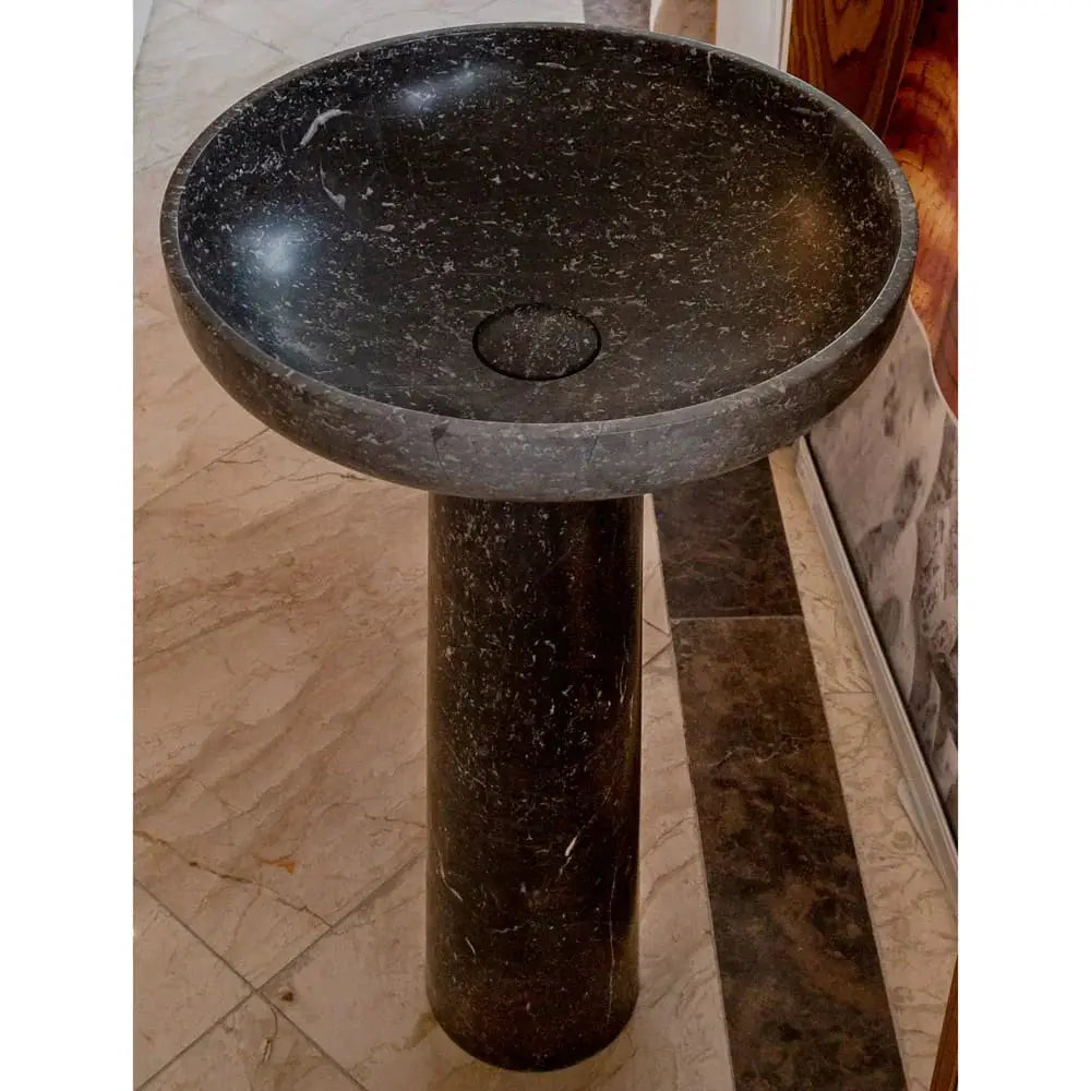 Natural Stone Black Marble Stand-alone Pedestal Sink by Villohome, round polished basin on a cylindrical pedestal, 20 dia x 33.5 in high