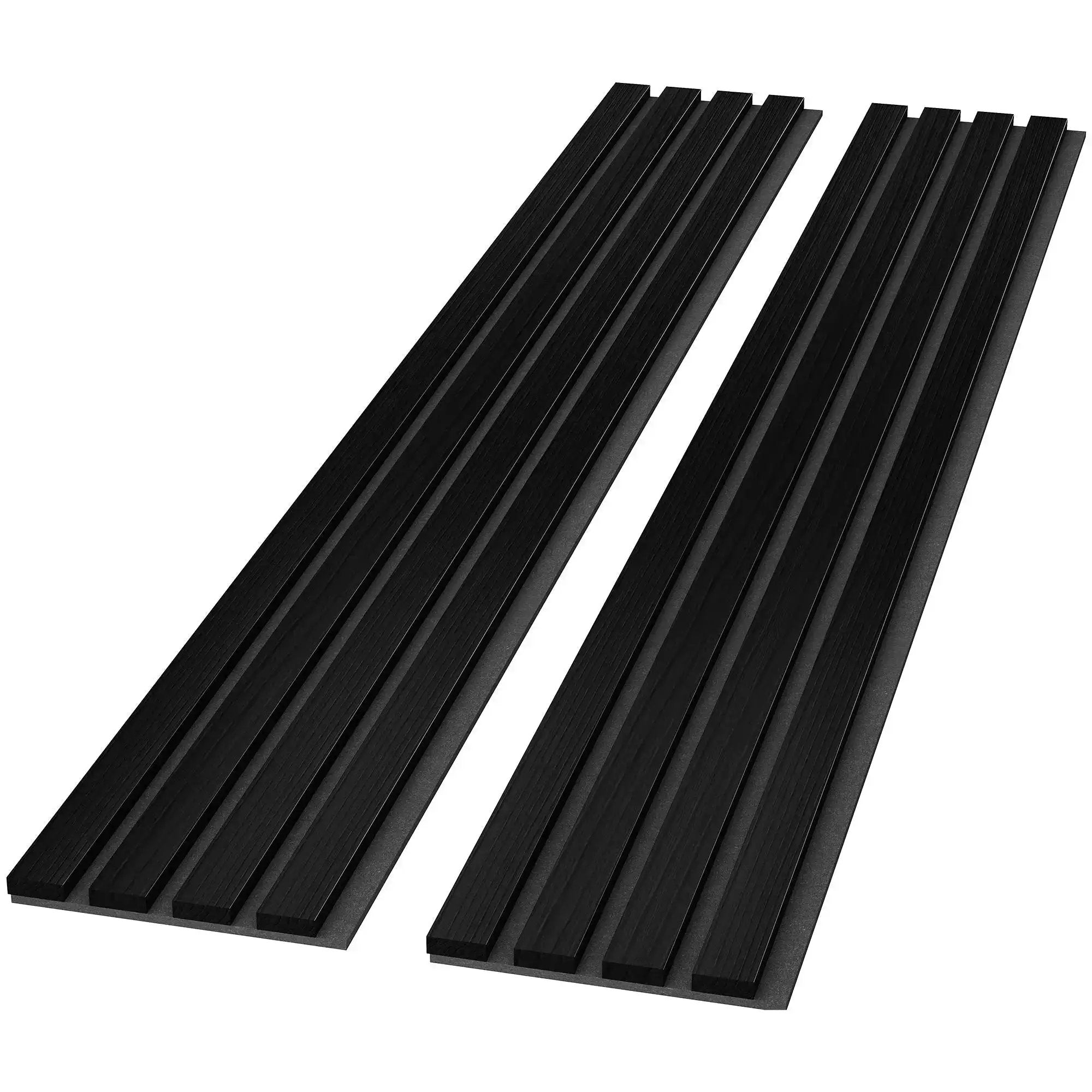 Solid wood acoustic slat wall panels (Broad Strip) by HAUSVITA in dark black finish.