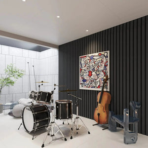 HAUSVITA Broad Strip solid wood acoustic slat wall panels in black finish for a music room