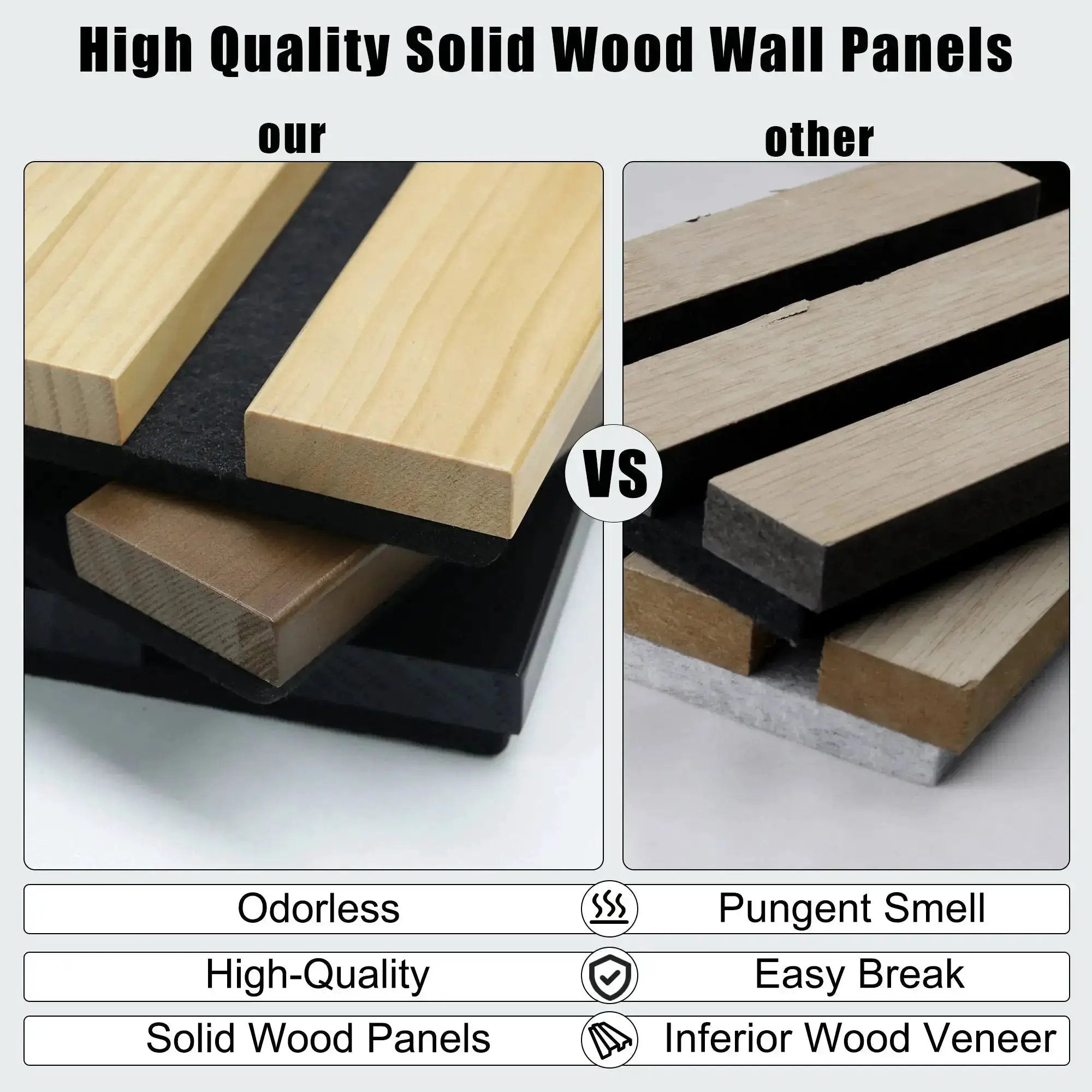 Black solid wood acoustic slat wall panels, broad strip design, shown beside lighter natural slats for comparison.
