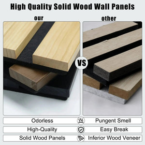Black solid wood acoustic slat wall panels, broad strip design, shown beside lighter natural slats for comparison.