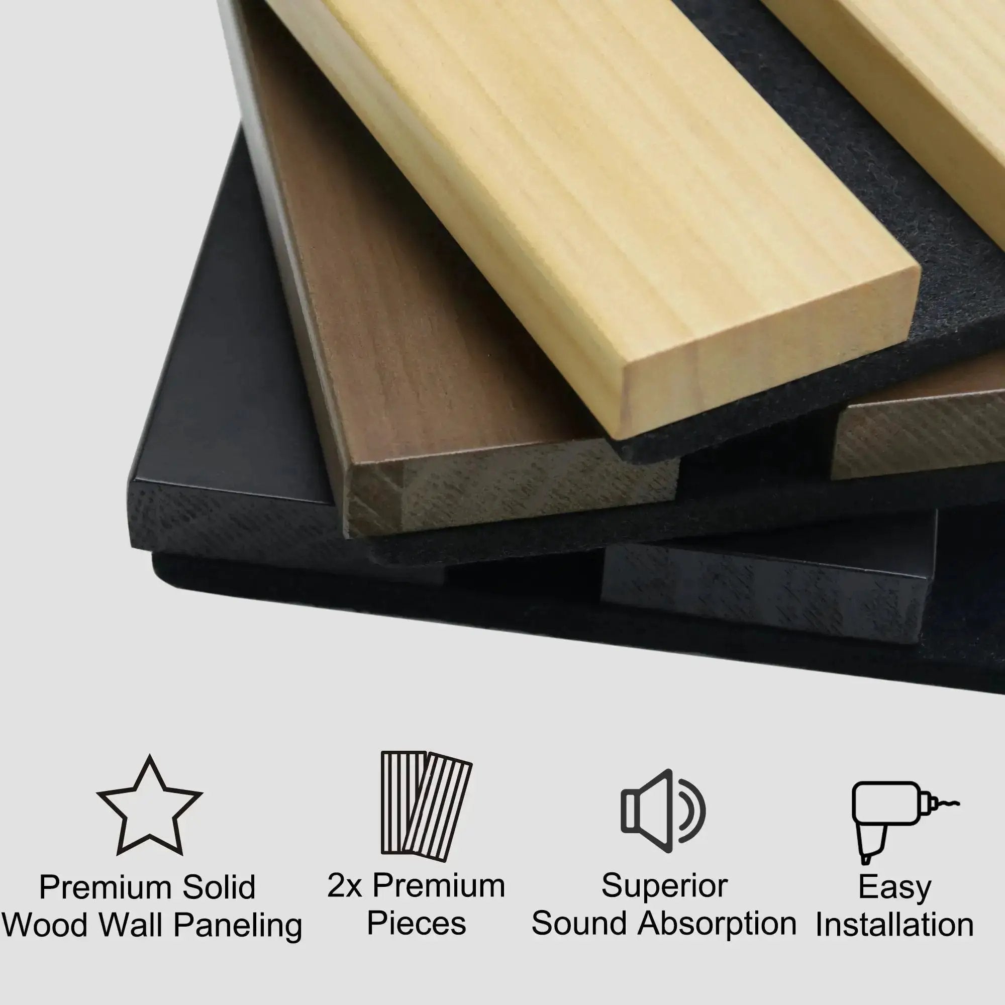 HAUSVITA solid wood acoustic slat wall panels, broad strip, natural finish.