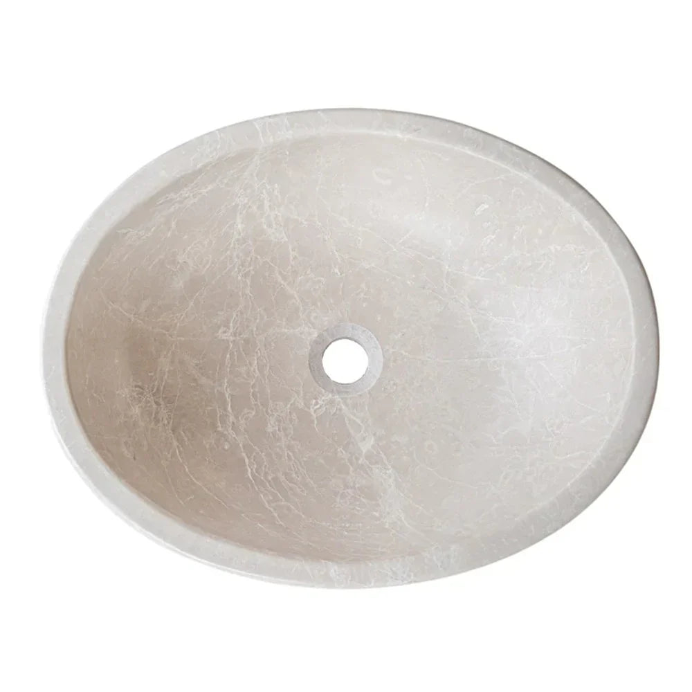 Botticino marble oval above-counter vanity vessel sink, honed natural stone finish; 20.5in L x 16in W x 6in H