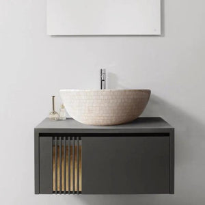 Botticino Marble Mosaic round vessel sink by Villohome on a gray wall-hung bathroom vanity