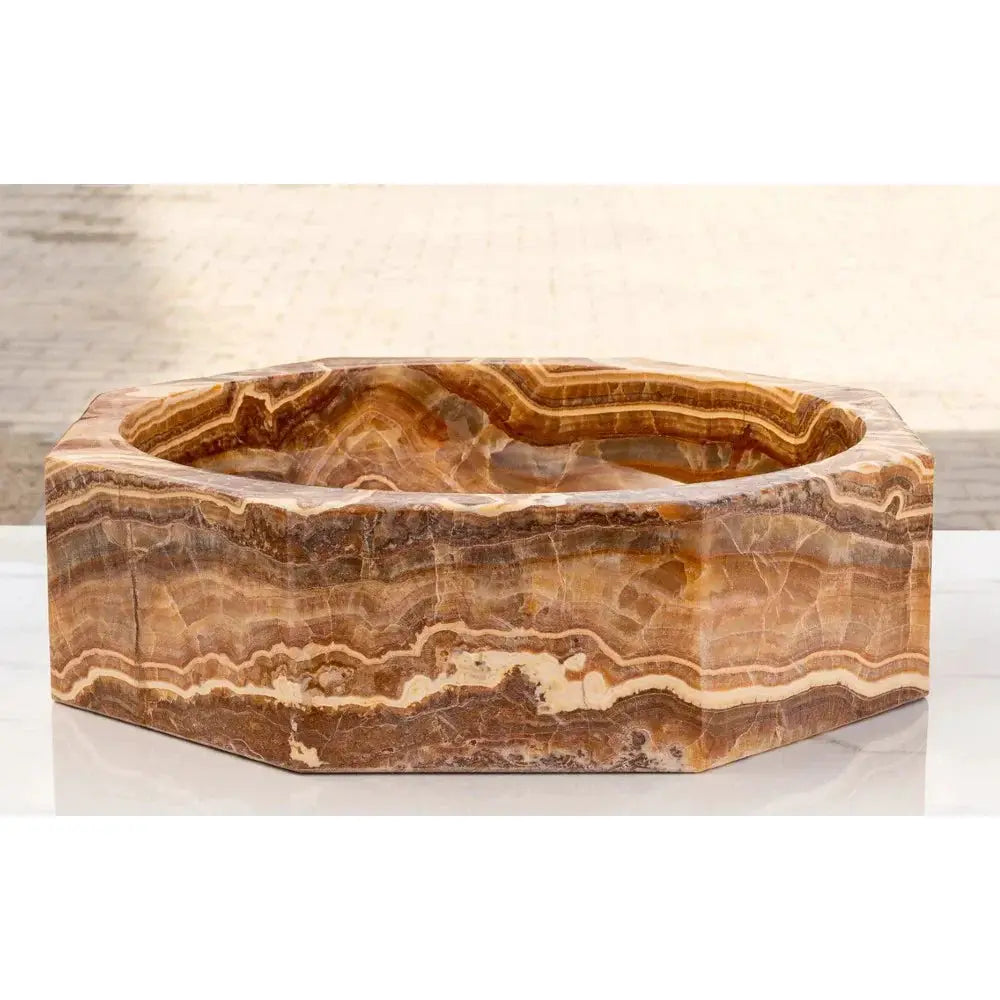 Brown onyx translucent octagonal vessel bathroom sink, polished natural stone, 16in dia x 5in high