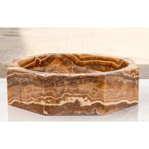 Brown onyx translucent octagonal vessel bathroom sink, polished natural stone, 16in dia x 5in high