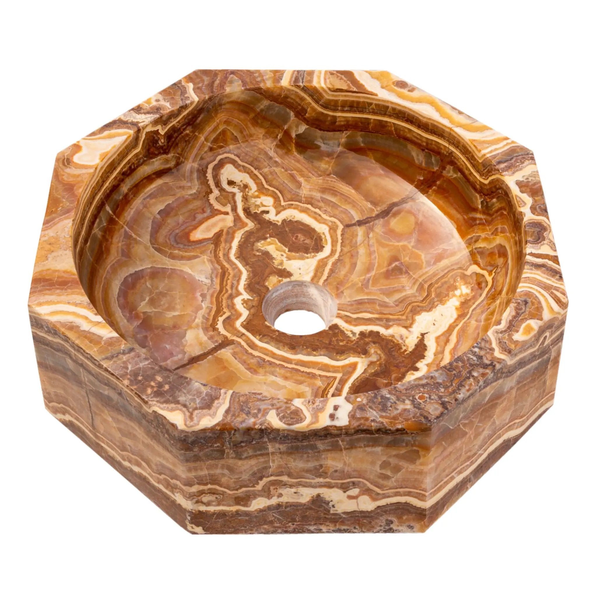 Villohome brown onyx translucent octagonal bathroom sink, polished finish, 16in diameter, 5in height