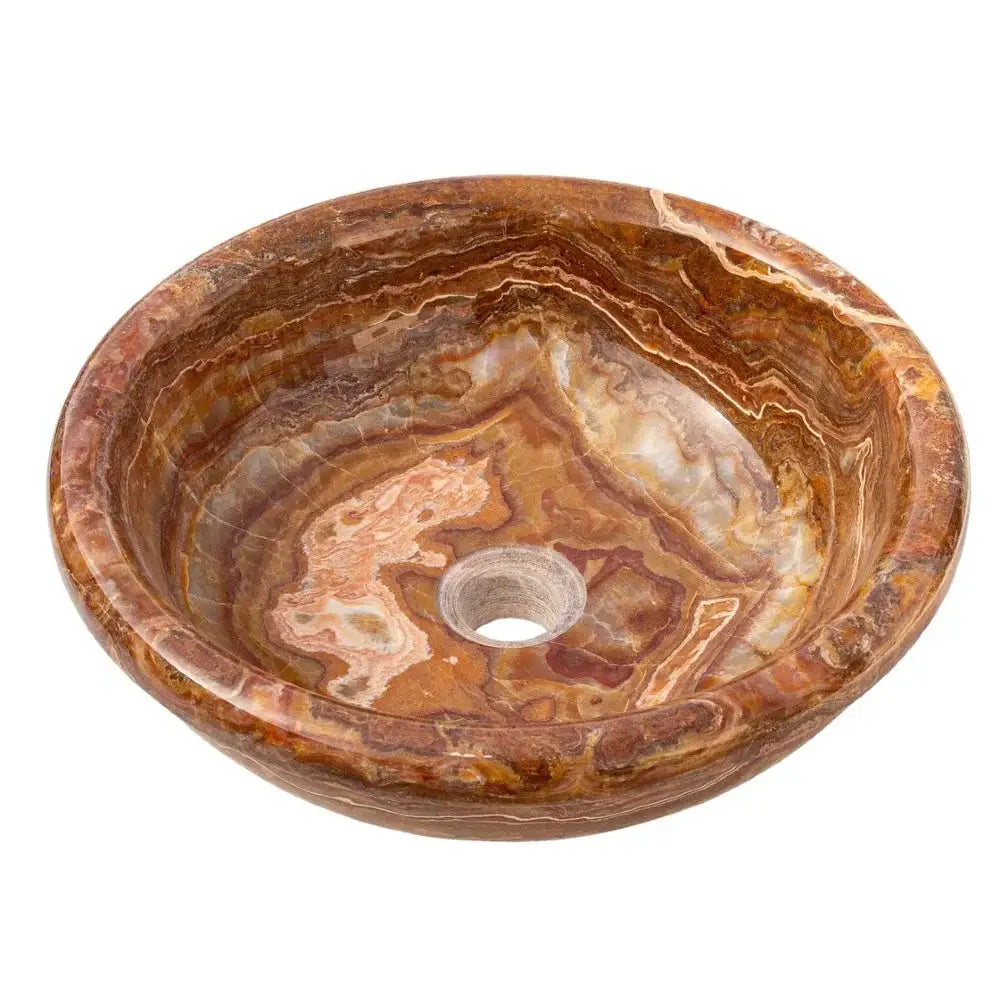 Villohome brown onyx translucent natural stone vessel sink, polished circular bowl with swirled caramel tones.