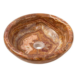 Villohome brown onyx translucent natural stone vessel sink, polished circular bowl with swirled caramel tones.