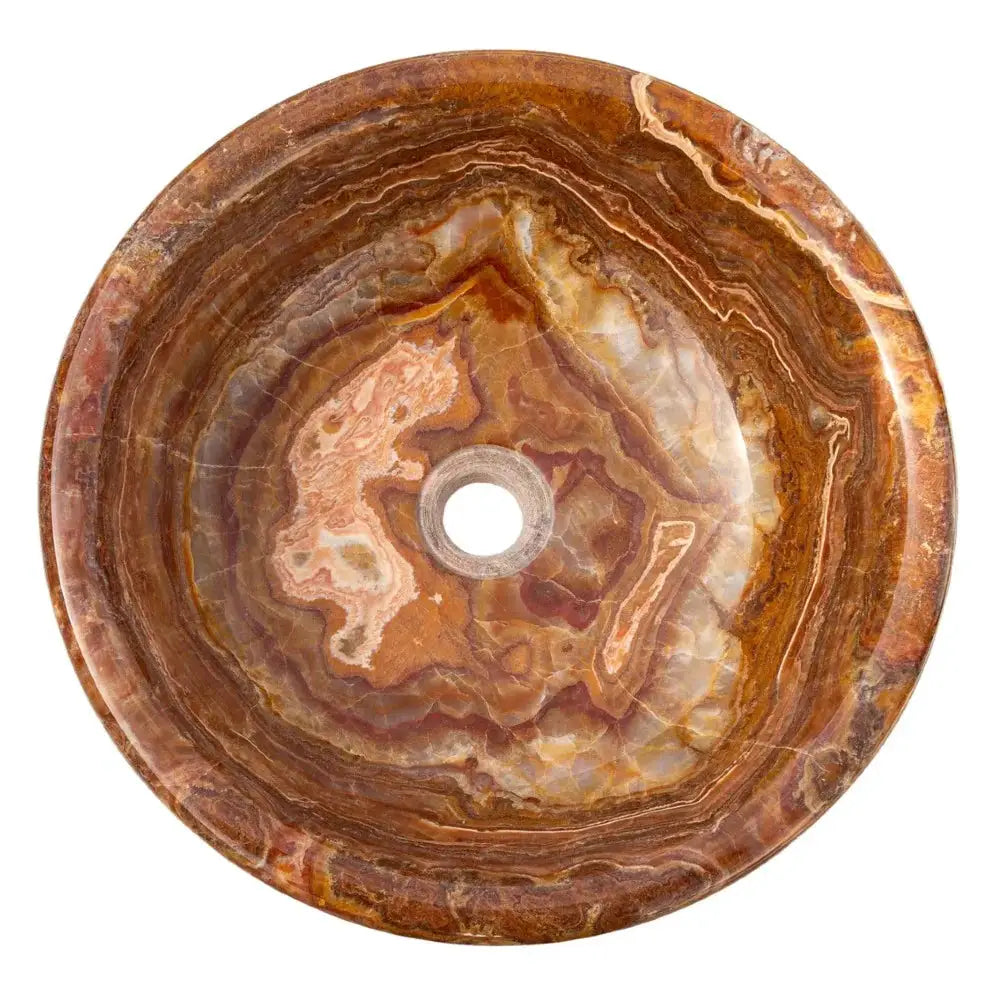 Brown Onyx vessel sink by Villohome, translucent natural stone, drop-in/above-counter, polished, 16in diameter.