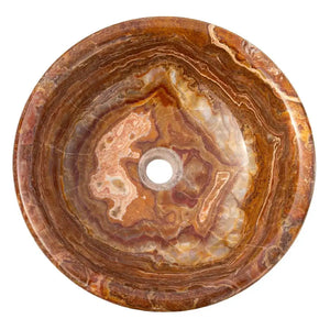 Brown Onyx vessel sink by Villohome, translucent natural stone, drop-in/above-counter, polished, 16in diameter.