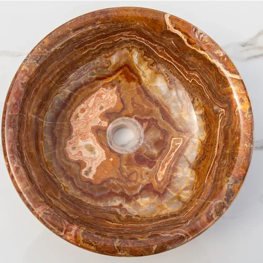 Brown onyx translucent vanity vessel sink by Villohome, 16-inch diameter, polished.