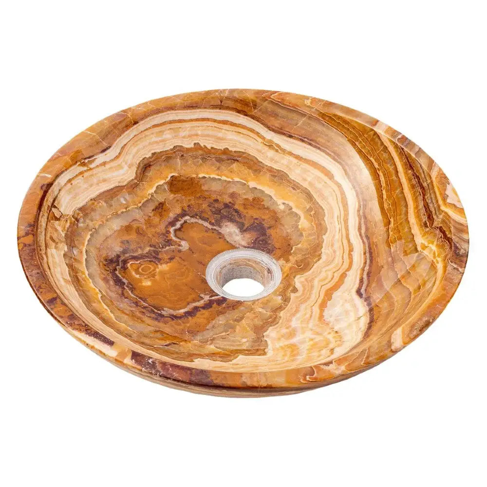 Brown onyx translucent round vanity vessel sink, polished natural stone with central drain hole