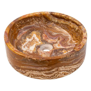 Stone bathroom vanity sink by Villohome, brown onyx round 16in vessel with polished finish.