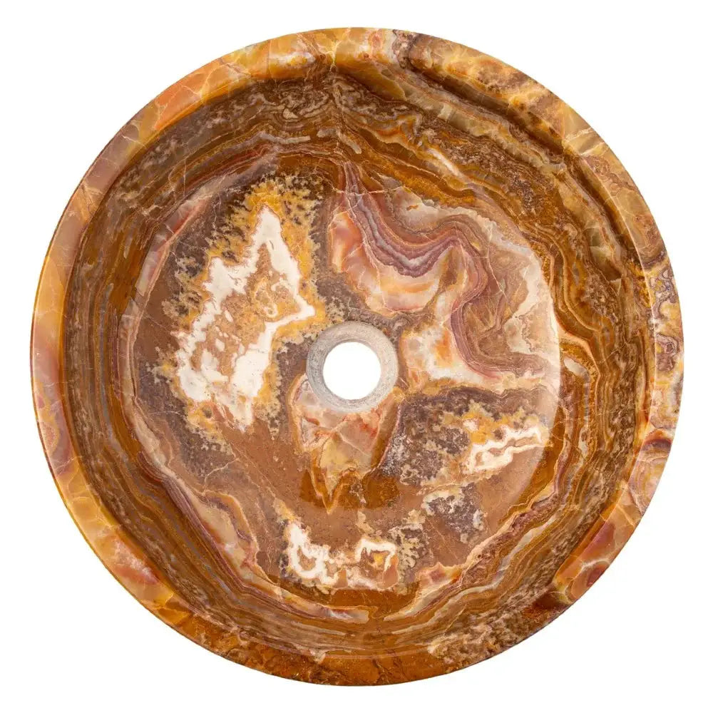 Brown onyx translucent round bathroom sink, polished natural stone, 16-inch diameter