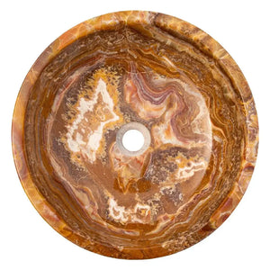 Brown onyx translucent round bathroom sink, polished natural stone, 16-inch diameter