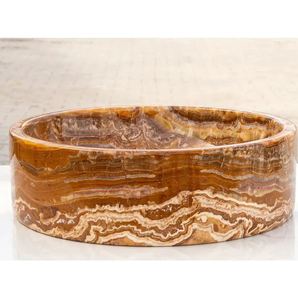 Villohome brown onyx translucent vessel bathroom sink, round polished natural stone with layered bands.