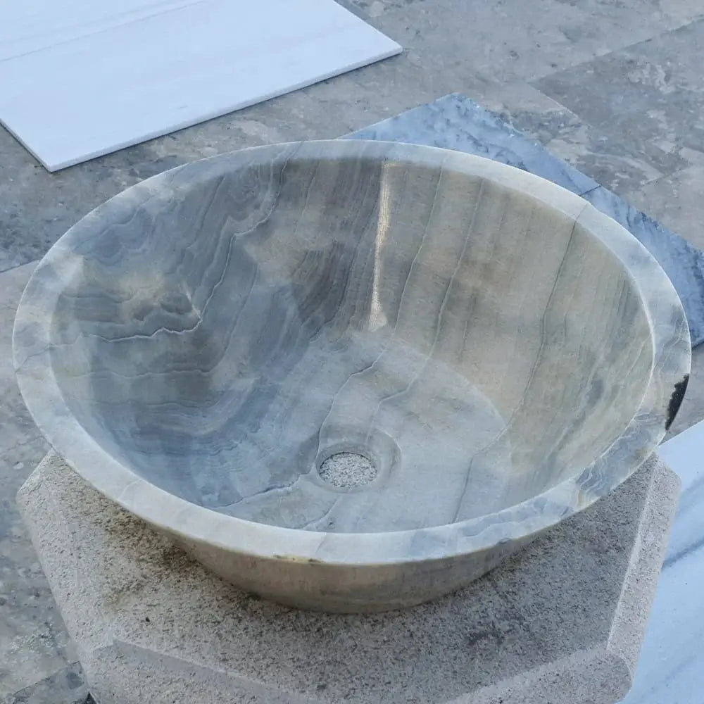 Villohome natural stone bubble gray onyx above-counter vanity sink, 16in diameter x 6in height