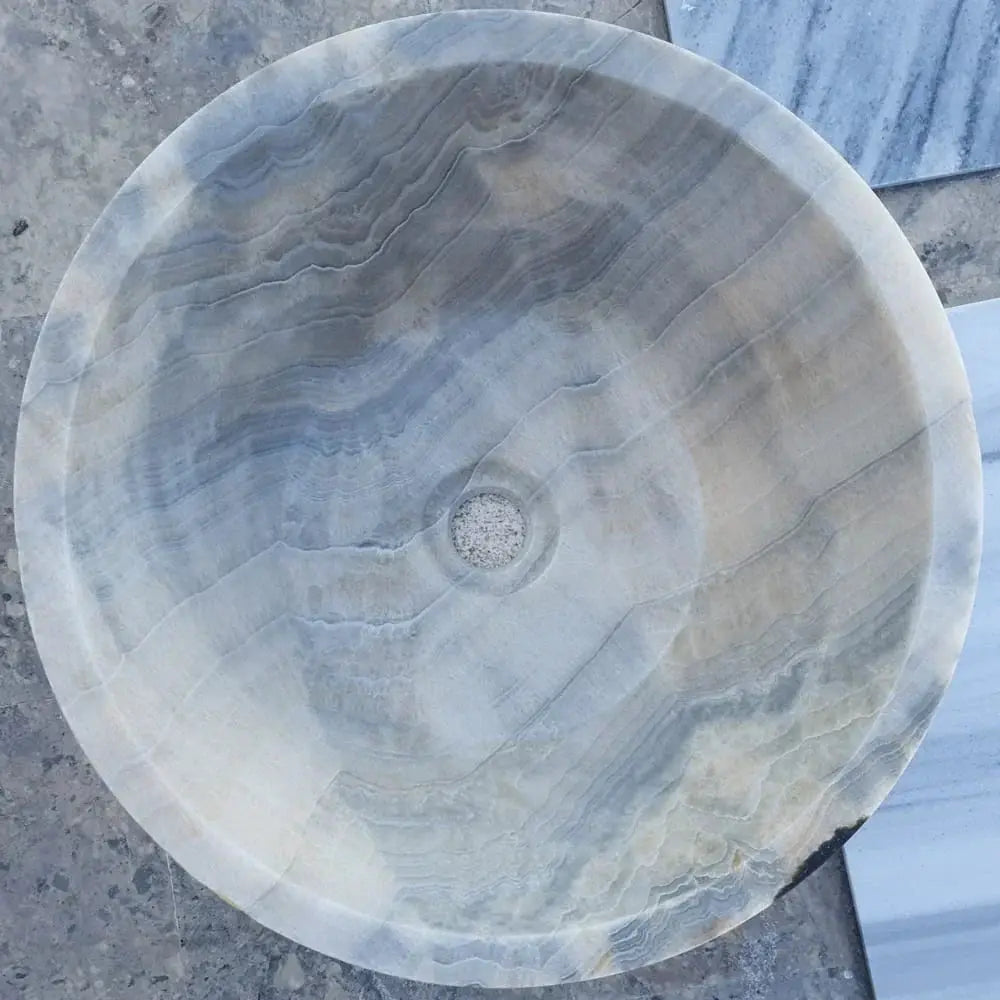 Villohome round above-vanity bathroom sink, natural stone bubble gray onyx, 16in diameter