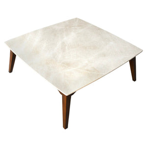 Burdur Beige Marble Coffee Table, rectangular with a polished and eased edge and wooden tapered legs.