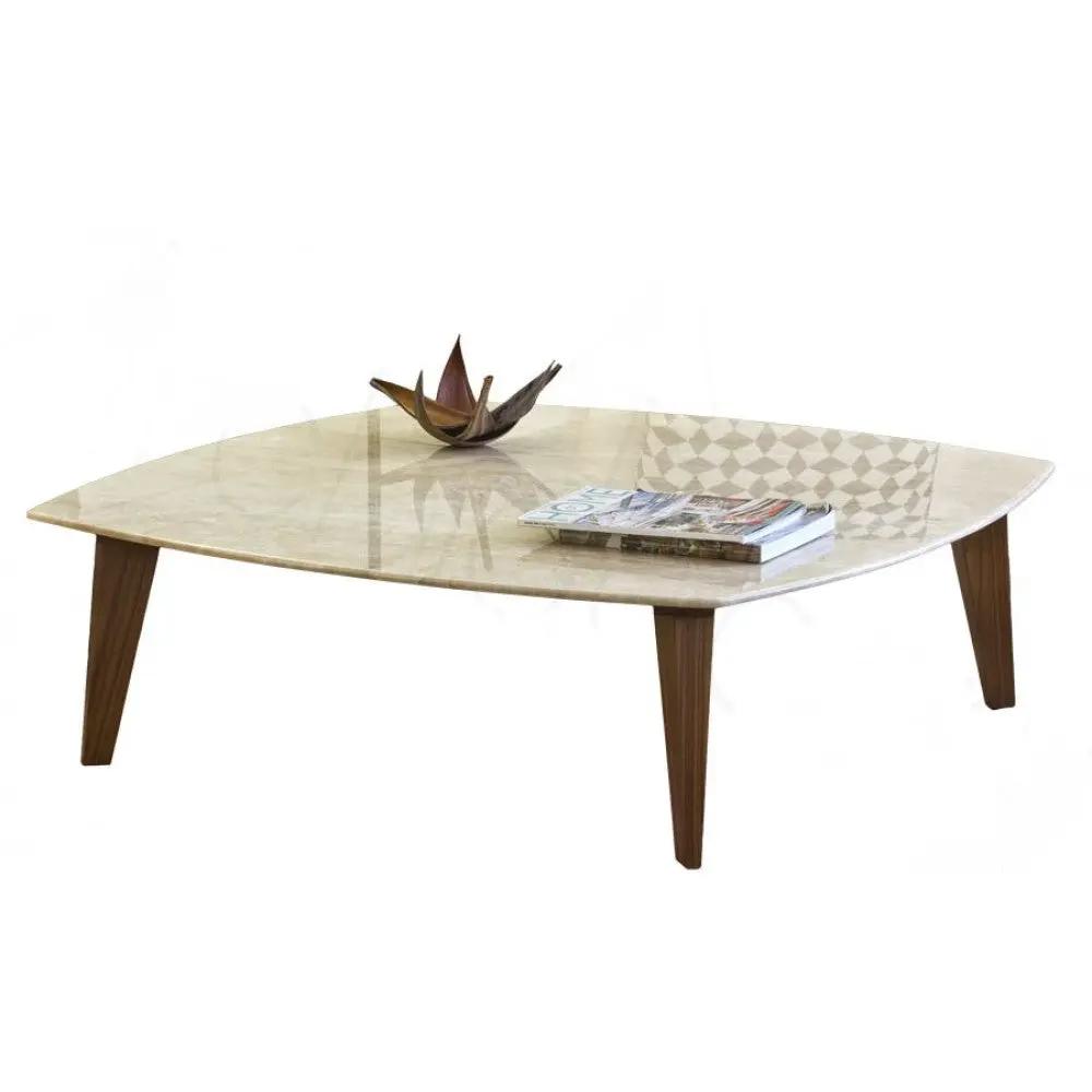 Villohome Burdur Beige Marble Coffee Table with a rectangular top and tapered wooden legs