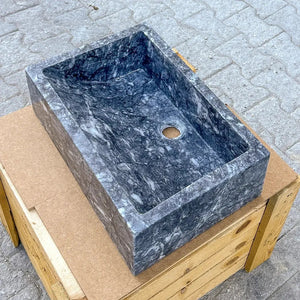 Bursa gray marble rectangular stone bathroom sink with a polished finish and central drain.