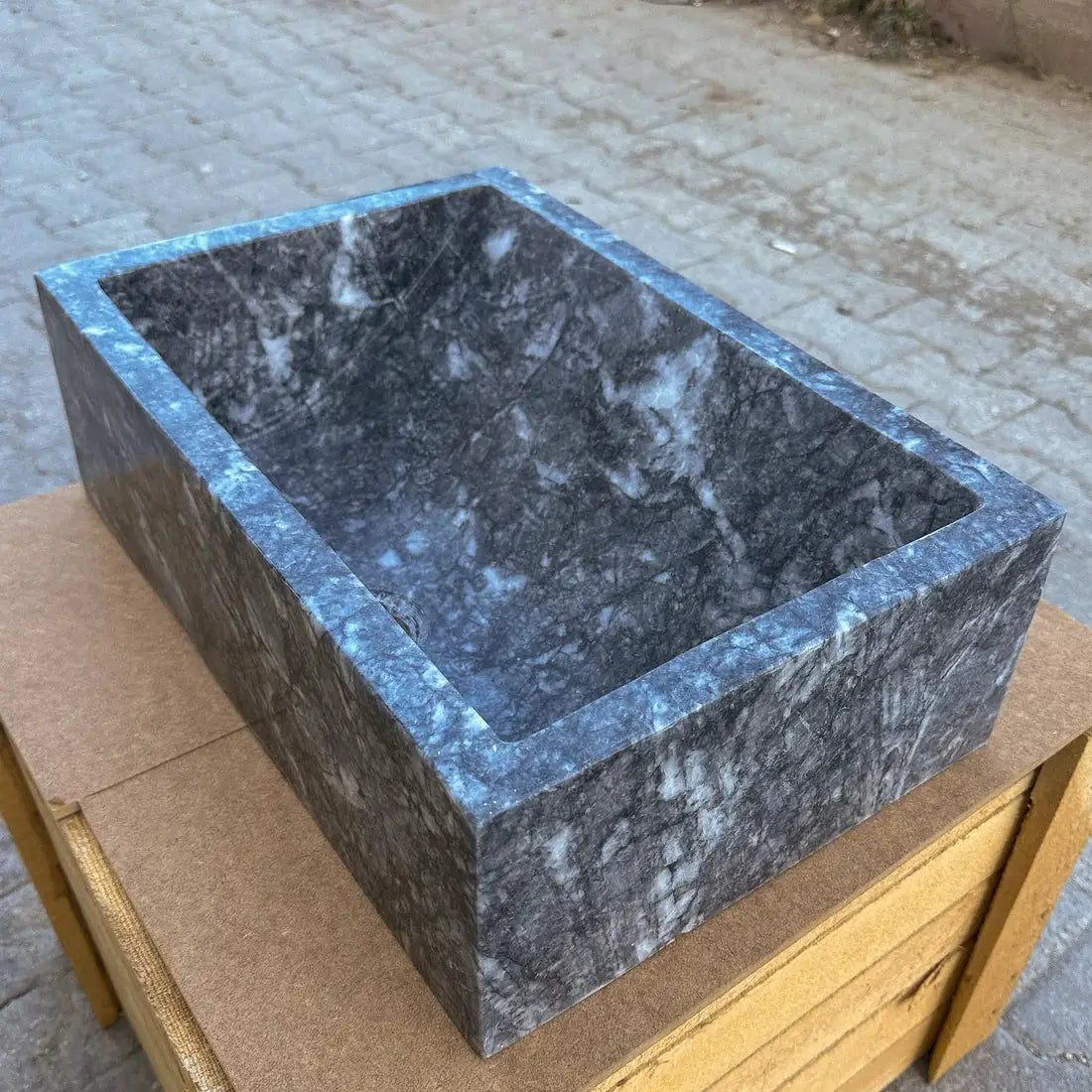 Bursa gray marble rectangular above-vanity bathroom sink by Villohome, polished stone 12x18x6 in