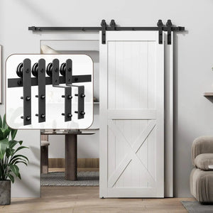 Bypass sliding barn door hardware kit Basic I pulley, black metal track with rollers mounted above white barn door