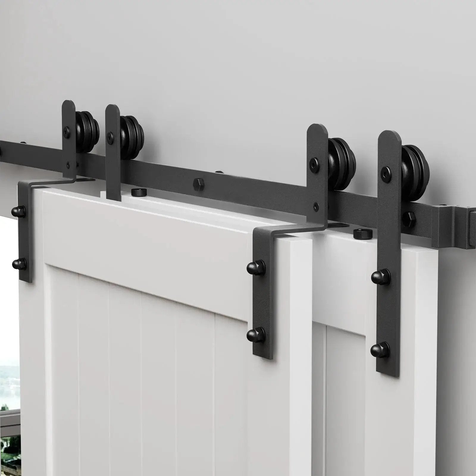 Bypass sliding barn door hardware kit Basic I pulleys, black metal track with rollers by HAUSVITA