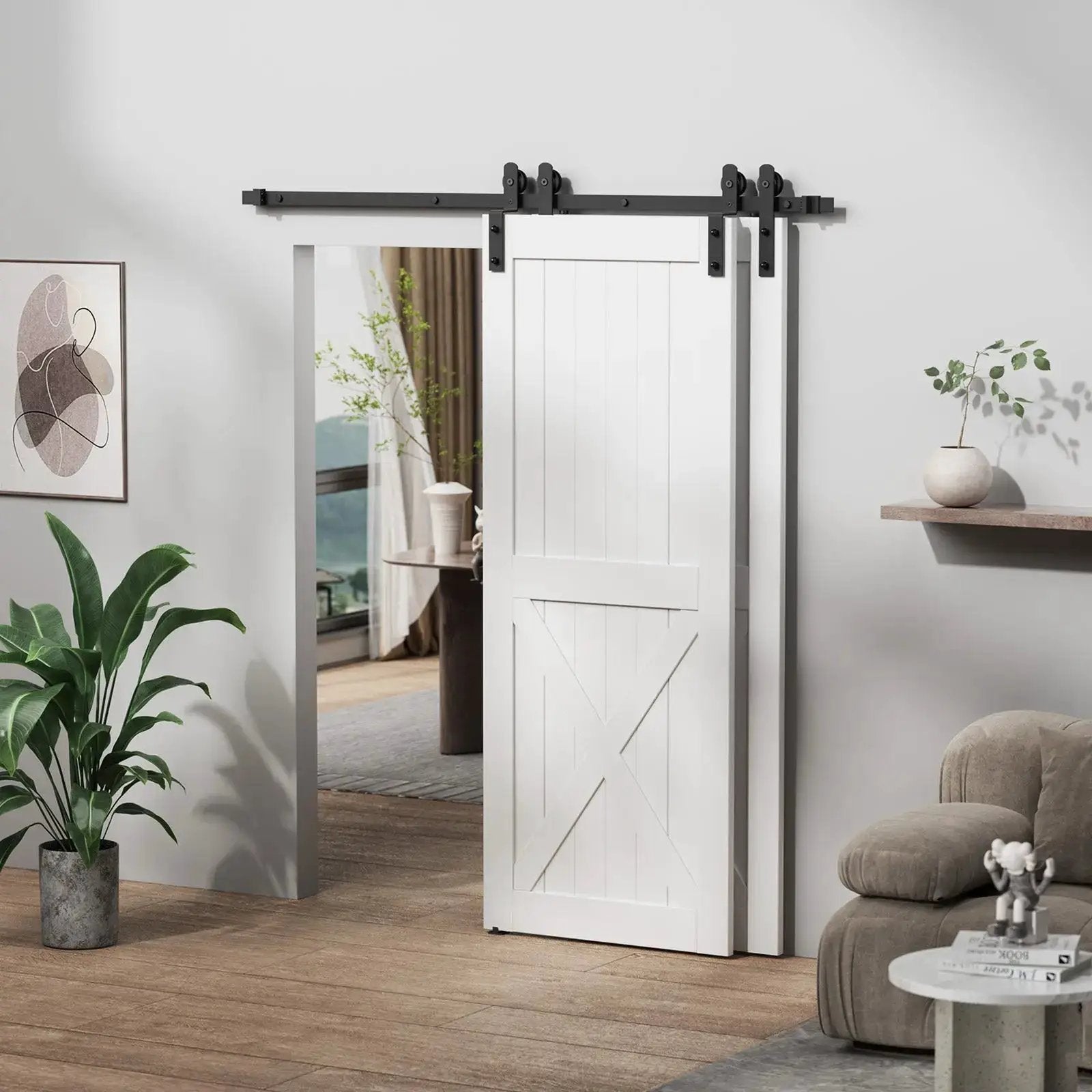 HAUSVITA bypass sliding barn door hardware kit Basic I with black rail and rollers on white barn door