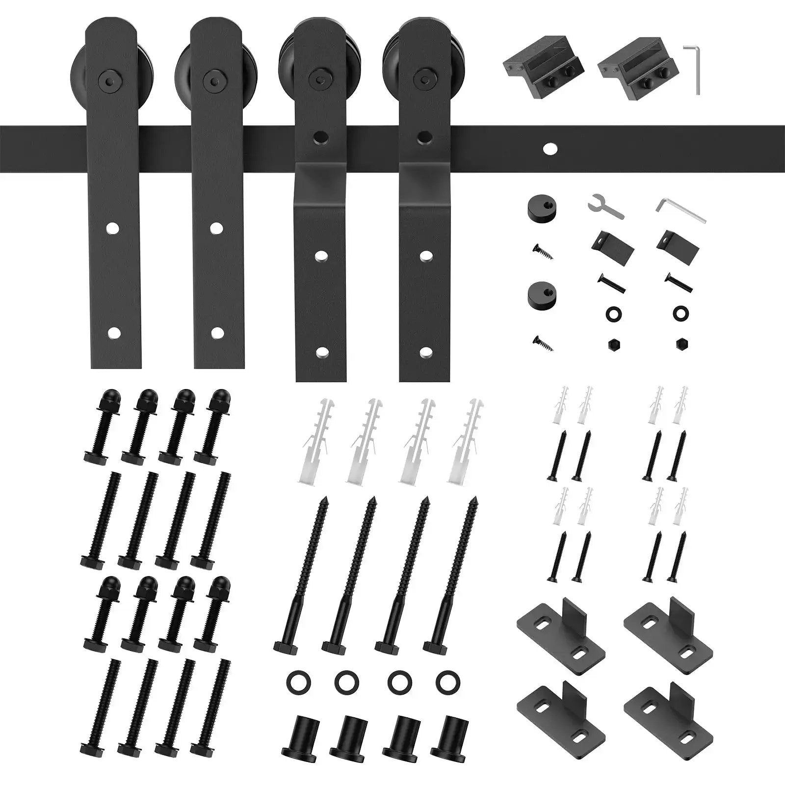 HAUSVITA Bypass Sliding Barn Door Hardware Kit Basic I Pulley with four black rollers on a rail and mounting hardware