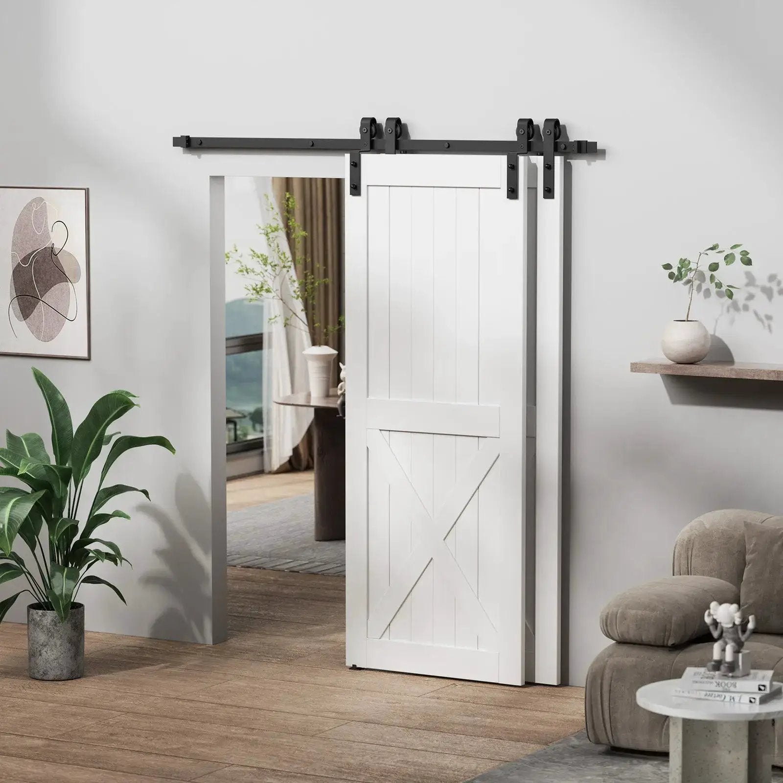 HAUSVITA bypass sliding barn door hardware kit with black J-pulley track and hangers above a white paneled door.