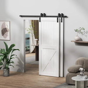 HAUSVITA bypass sliding barn door hardware kit with black J-pulley track and hangers above a white paneled door.