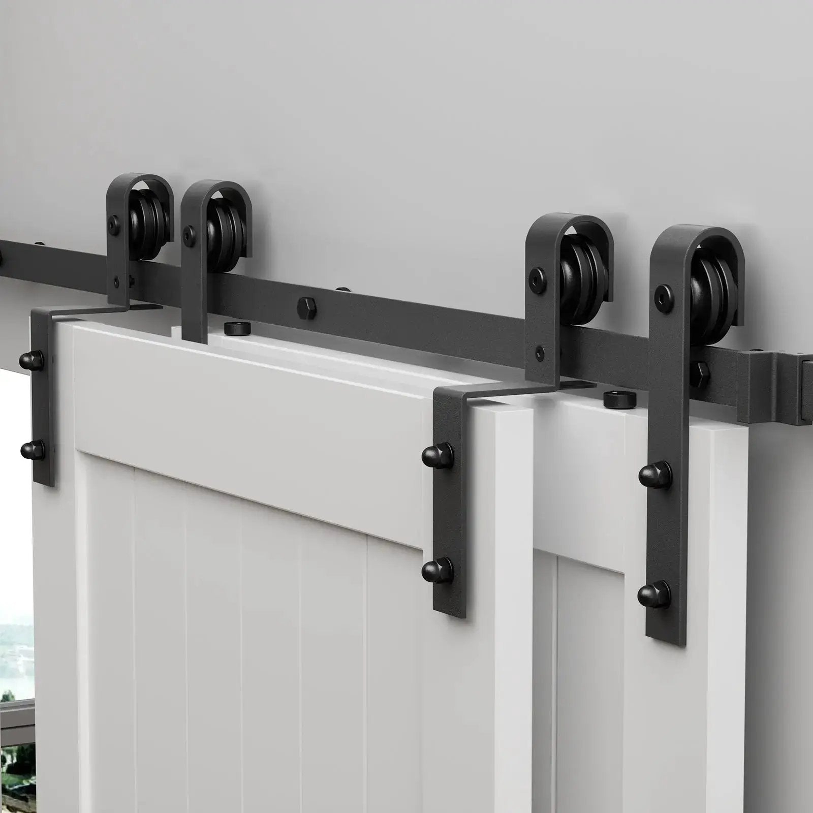 HAUSVITA Bypass sliding barn door hardware kit Basic J pulleys, 4 black rollers on top track