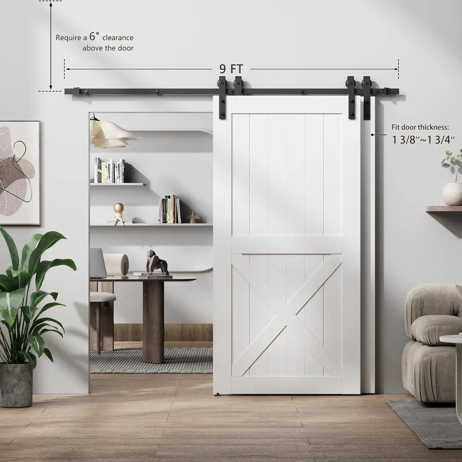 HAUSVITA Bypass Sliding Barn Door Hardware Kit Basic J Pulley, 9 ft black track with pulleys above white door