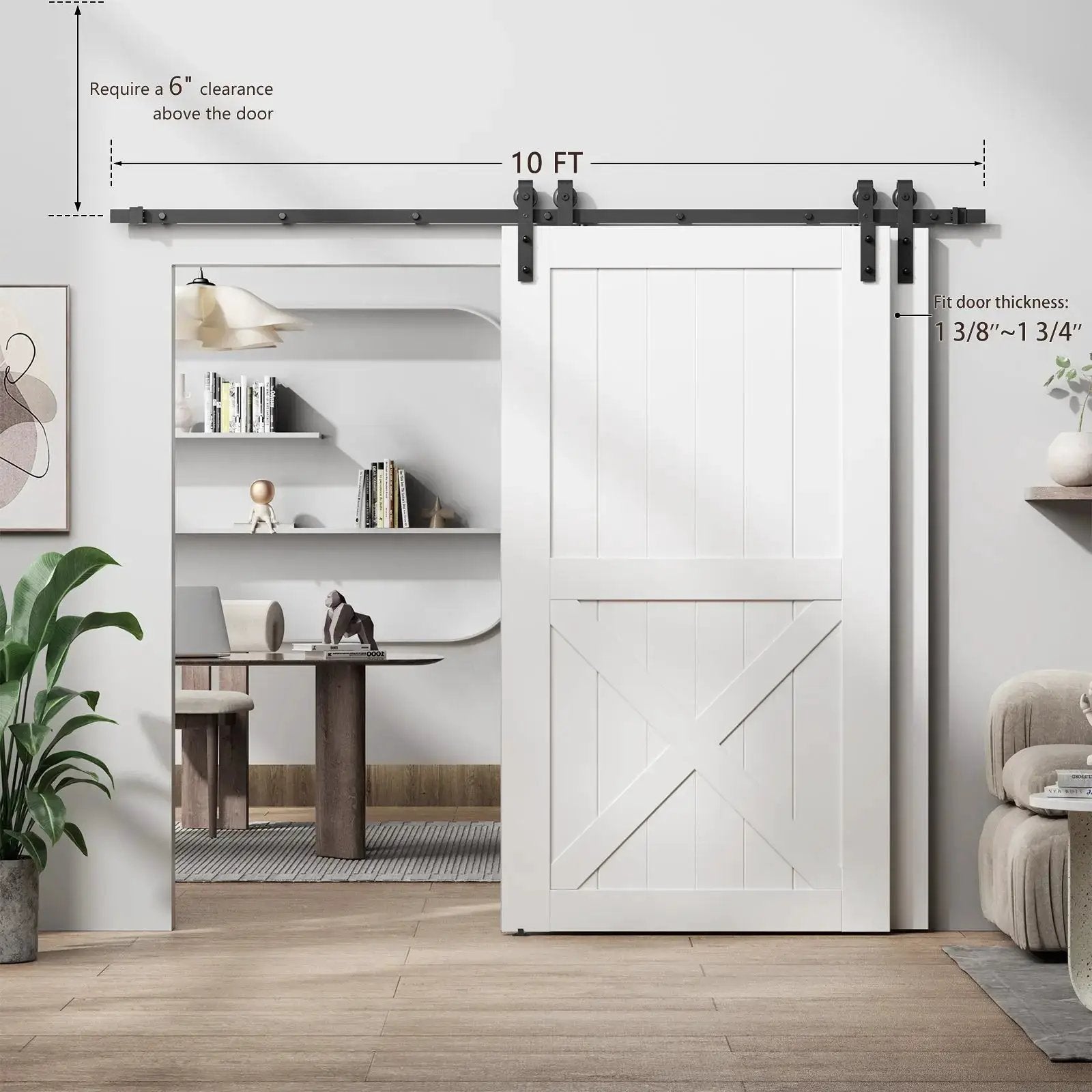 Bypass sliding barn door hardware kit with J-pulley; HAUSVITA, black metal track, 10 ft, door not included