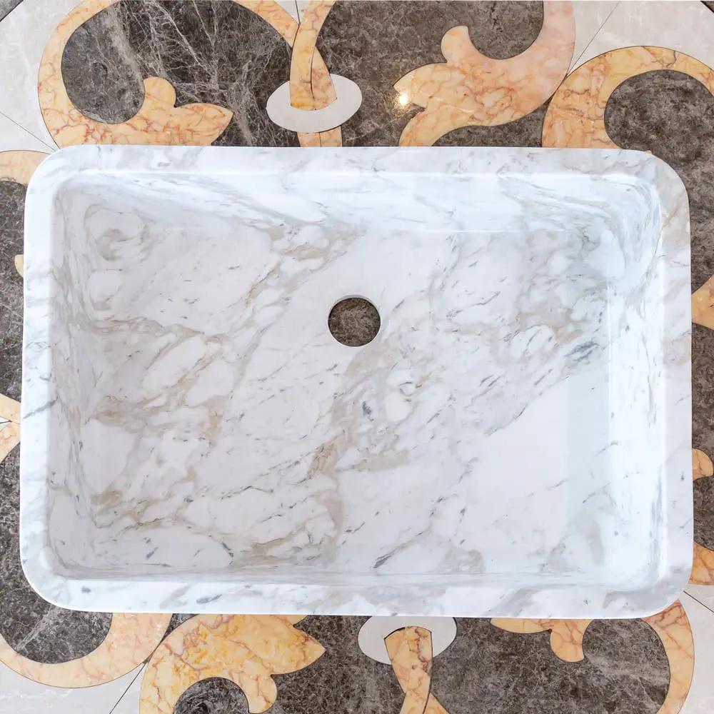 European Sugar Marble rectangular farmhouse sink by Villohome, white marble with gray veining, 12.5W x 18L x 5H in